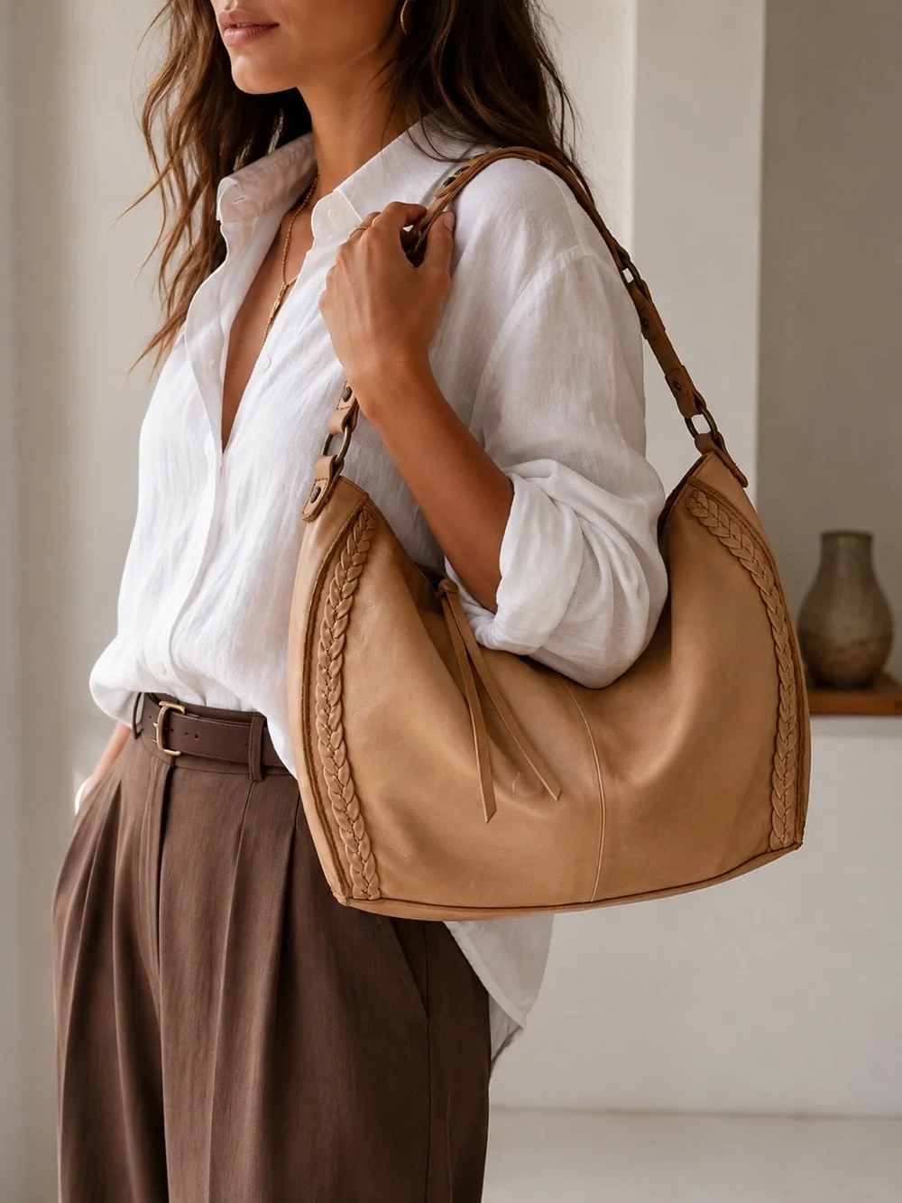 The Sak Silverlake Leather Braided Slouch Hobo Shoulder Bag Camel Tan Boho